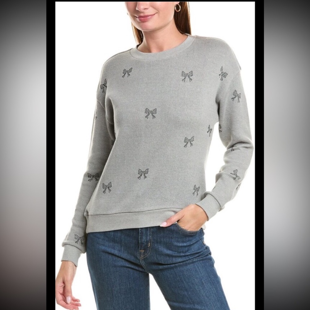 WILDFOX Sweater Bailey Couture Pullover Gray Crew Neck Beaded Bow Cotton
